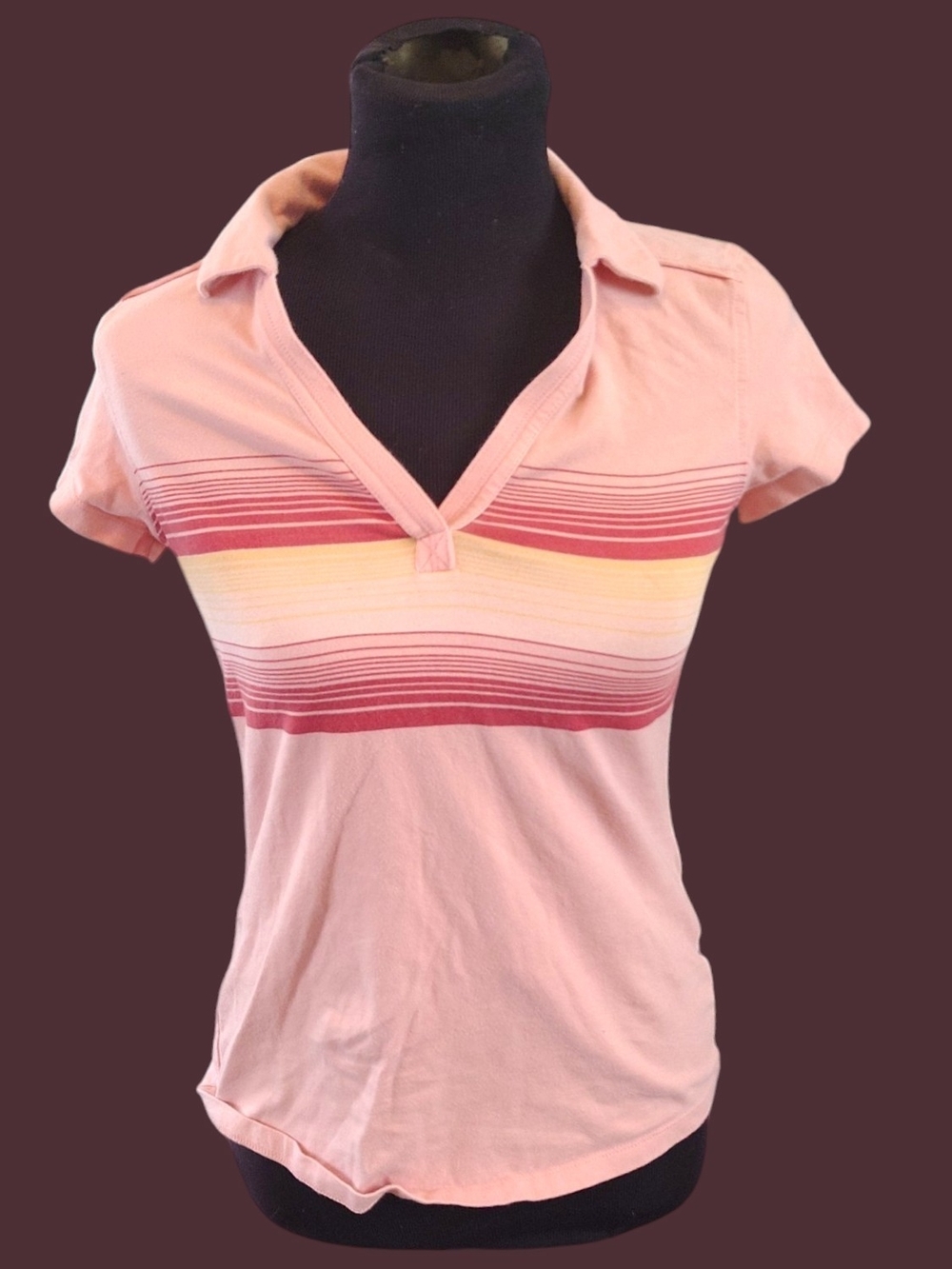 Sonoma Pink Striped V-Neck Polo Tee with Red & Yellow Accents